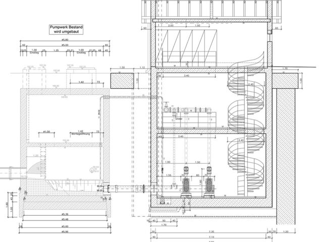 Skizze: Querschnitt des Pumpwerkgebäudes.